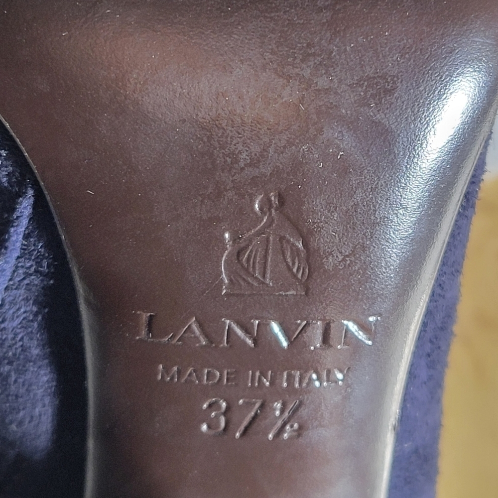 Lanvin suede ankle booties block heel round toe navy blue 37.5 6.5 - Picture 10 of 11